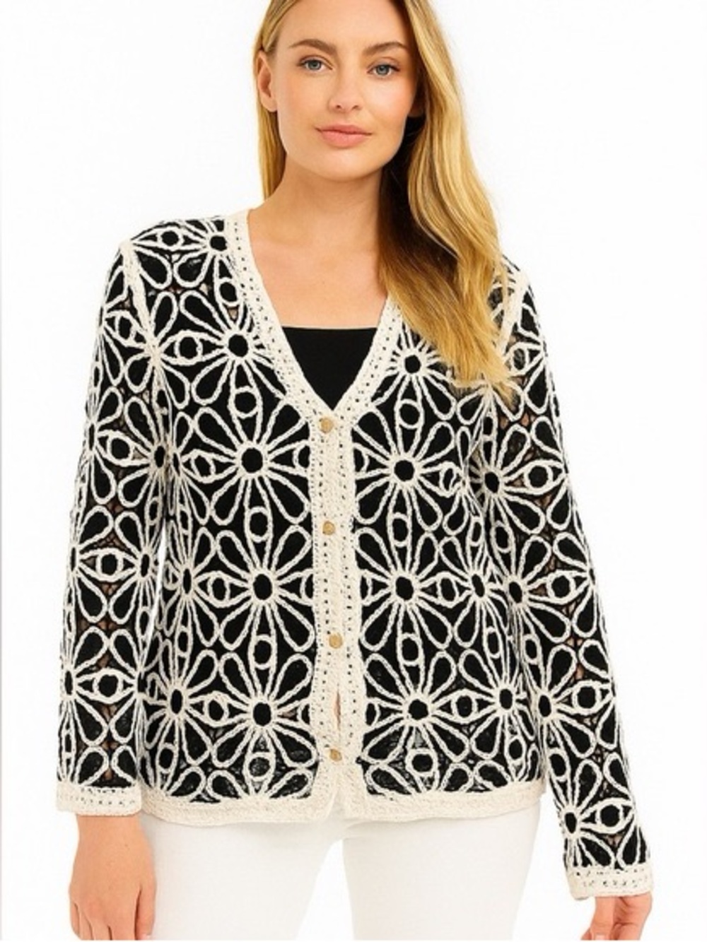 Solitaire Black & Cream Crochet floral flower Pattern Cardigan Sweater